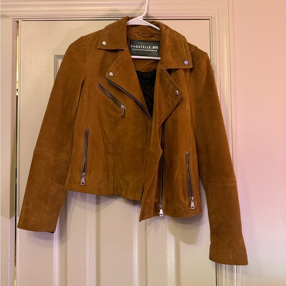 BAGATELLE NYC Camel Tan Genuine Suede Leather Motorcycle Jacket - size small - Picture 2 of 16